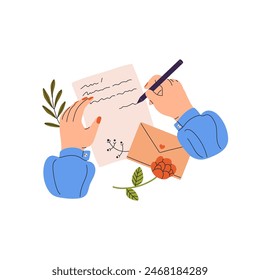 Woman with pen in hand writing letter on paper sheet top view. Postal envelope for postcards, post cards, correspondence. Communication by mail. Flat isolated vector illustration on white background