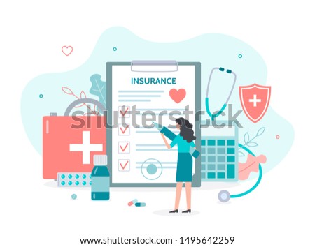 A woman with a pen in her hands fills out the document. Health insurance concept. Flat vector illustration.