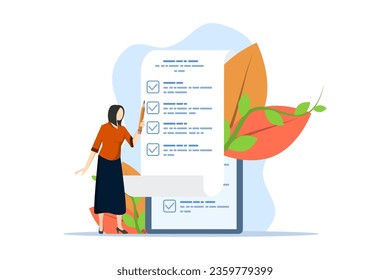 formulario de casilla de verificación mujer con lápiz de pluma. completar asignaciones de trabajo con marca de verificación. los administradores marcan documentos, toman exámenes en línea. documentos de inspección laboral. ilustración vectorial plana.