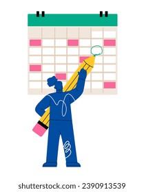 Woman with pencil and calendar. Planning goal, time management, scheduling concept. Colorful vector illustration 

