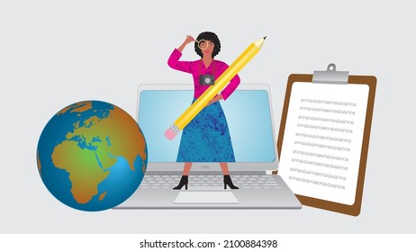 Woman with pencil, camera, note book and laptop. Earth globe. Could be used as separate object as collection or as banner (separate layers). Vector illustration. Dimension 16:9.