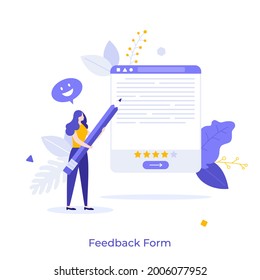 Woman with pencil filling in online form. Concept of customer feedback score, rating, ranking, review, user experience evaluation, consumer's opinion. Modern flat vector illustration for poster.