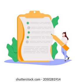 Woman with pencil filling in paper form or asking questions in questionnaire. Concept of public survey, customer review, rating or score, consumer's opinion, market research. Flat vector illustration.