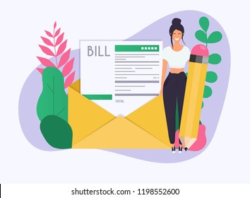 Woman with pencil get a paying bill mail. Payment of utility, bank, restaurant and other. Flat design modern vector illustration concept.