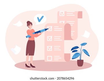 Woman with pencil. Girl marks completed tasks. Checking to do list, evaluating effectiveness. Setting goals, motivation, achieving goals. Time management, schedule. Cartoon flat vector illustration