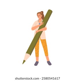 Woman with pencil in hands, journalist or student, interviewer or artist lady on education. Vector copywriter or blogger, girl with big green pencil, draftsman or author human character