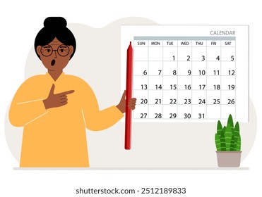 A woman with a pencil in his hand creates a calendar. Planning and time management, responsible employee plans meetings and events. Vector flat illustration