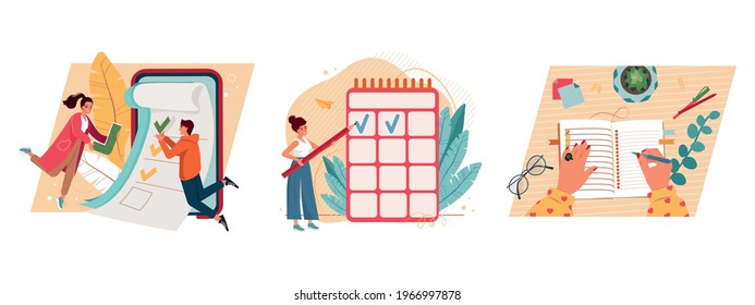 Woman with pencil marking completed tasks on to do list. Checklist with green check marks and tiny people flat vector illustration. Concept of time management, work planning method, daily goals, aims.