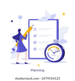 Mujer con el marcador de lápiz tareas hechas en la lista de tareas pendientes. Cronómetro y planificador diario. Concepto de planificación de Ilustración vectorial plana. Persona programando eventos importantes dibujos animados composición de color de personajes