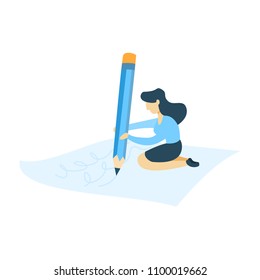 Woman with pencil sitting on the floor and writing.
