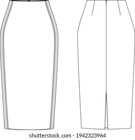 Woman pencil skirt with stripes and slit in vector graphic.Fashion illustration isolated template.Scheme front and back. Technical drawing sketch.