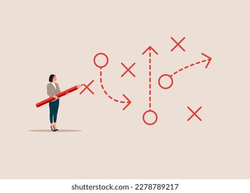 Mujer con lápiz para resolver tareas. Dar prioridad a la labor de gestión de proyectos. Ilustración vectorial moderna en estilo plano