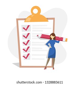 Woman with pencil standing at the big checklist on clipboard. Business document, questionnaire or task. Ok mark on list. Isolated vector illustration in cartoon style