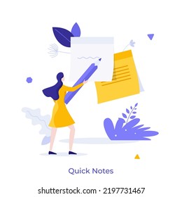 Woman with pencil writing on sticky paper. Concept of quick note, task management and planning, reminder for effective work and productivity. Modern flat vector illustration for banner, poster.