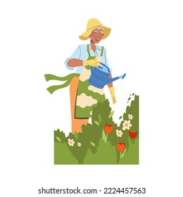 Woman Pensioner Character in Hat and Apron Watering Flowers Engaged in Gardening Hobby Activity on Retirement Vector Illustration