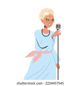 Woman Pensioner Character Singing in Microphone Performing on Stage Engaged in Hobby Activity on Retirement Vector Illustration