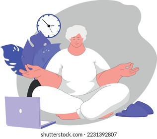 Woman pensioner doing gymnastics at home. Vector illustration of an old woman in the lotus position. The concept of active old age and health