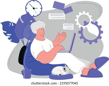 Woman pensioner works online. Vector illustration of work from a cozy home environment. Remote work is safe. Pet near feet.