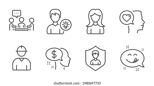 Woman, People chatting and Security agency line icons set. Pay, Person idea and Engineer signs. Romantic talk, Yummy smile symbols. Girl profile, Conference, People protection. People set. Vector