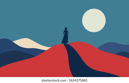 Woman People Silhouette Standing Loneliness on Dune Top Desert Landscape with Full Moon in Night Sky