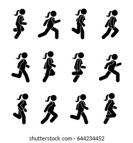 Woman people various running position. Posture stick figure. Vector illustration of posing person icon symbol sign pictogram on white