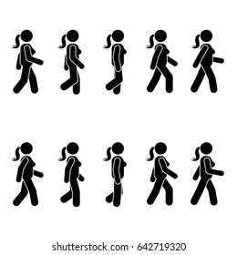 Woman people various walking position. Posture stick figure. Vector standing person icon symbol sign pictogram on white