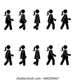 Woman people various walking position. Posture stick figure. Vector standing person icon symbol sign pictogram on white