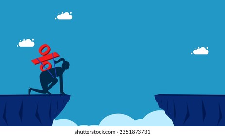 woman with percentage preparing to jump over a high cliff gap. interest risk 
