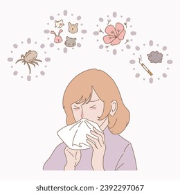 Woman with perennial and seasonal allergies cause by dust, fur, pollen, smoke. Runny nose and watery eyes. Blowing nose with handkerchief. Hand drawn flat cartoon character vector illustration.