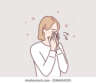 Woman with perennial and seasonal allergies cause by dust, fur, pollen, smoke. Runny nose. Hand drawn style vector design illustrations.