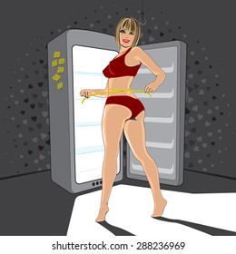 Woman with perfect body measuring her waistline near by open empty fridge at night