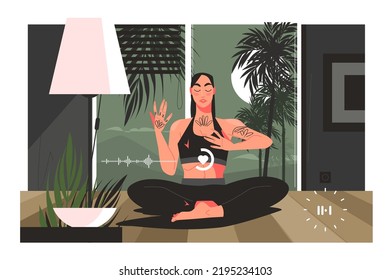 Woman perform breathing training in lotus position vector illustration. Listen and follow voice guide flat style. Meditating, yoga concept