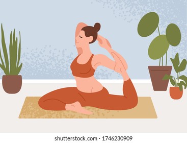 Woman perform flexibility sit in yoga pose vector flat illustration. Sports female practicing morning exercise at home. Girl meditating with closed eyes. Healthy lifestyle and spiritual practice