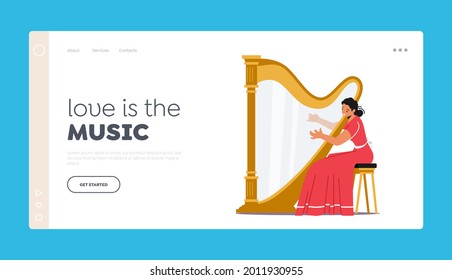 Woman Perform on Stage with Harp Playing Classical Music Landing Page Template. Female Character Playing Concert on Scene. Musician with String Instrument Performance. Cartoon Vector Illustration