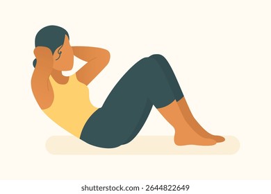 Mulher realizando estalos abdominais, fortalecendo os músculos do núcleo através de pilates controlados e exercícios de ioga