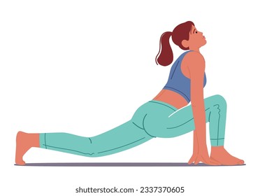 Woman Performing Ashwasanchalasana Also Known As Equestrian Pose In Yoga, Involves Kneeling With One Leg Forward And The Other Extended Back, Stretching The Hip Flexors And Thighs. Vector Illustration