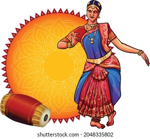 Woman performing Bharatanatyam classical dance of Tamil Nadu, Vector design.