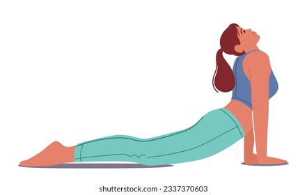 Woman Performing Bhujangasana, Cobra Pose. Female Character Stretches Her Arms Straight, Lifts Chest Off The Ground, Arching Back While Engaging Core And Legs. Cartoon People Vector Illustration