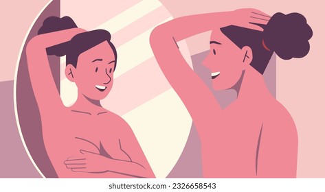 Woman Performing a Breast Cancer Self-Examination for Diagnosis and Self-Awareness in Her Home Bathroom Mirror to Ensure Early Detection and Prevention for Health, Flat Vector Illustration