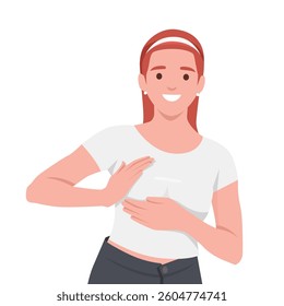 Woman Performing Breast Self Exam Gesture, breast self examination, promoting health awareness. Flat vector illustration isolated on white background