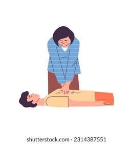 Woman performing cardiopulmonary resuscitation, flat vector illustration isolated on white background. CPR emergency procedure on unconscious man with cardiac arrest. Heart massage.