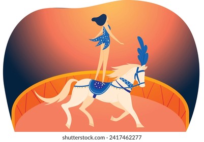 Woman performing circus trick riding a horse. Female acrobat in costume with feather on horseback in circus ring. Entertainment and acrobatic performance vector illustration.