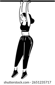 A woman performing a dead hang exercise on a pull-up bar. Minimalist line art for calisthenics and bodyweight training concepts.