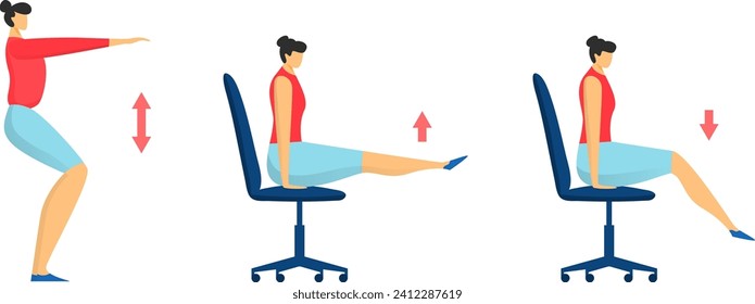 Woman performing desk exercises, office workout poses, seated leg lifts and squats. Office fitness routine, work break stretching vector illustration.