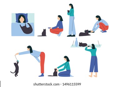 Woman Performing Different Activities Her Cat Stock Vector (royalty 