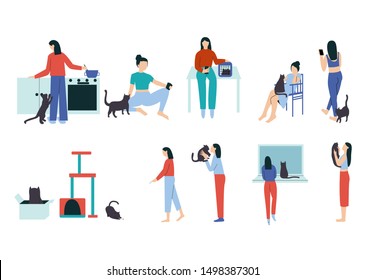 Woman performing different activities with her cat - asking for food, sitting, waiting for veterinarian, walking, playing , kissing. Spending time with cat collection, Flat vector illustration