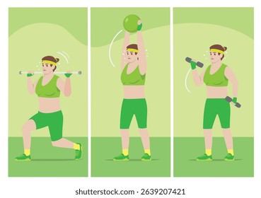 Woman Performing Different Exercises Workout Bar, Dumbbell Curls, and Balance Ball