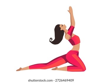 Dynamische Yoga-Backbend-Pose, ausdrucksstarke Fitness-Vektorgrafik in rotem Outfit auf weißem Hintergrund