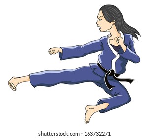 Woman Performing Flying Kick. Vector Illustration.