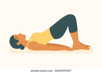 Mulher realizando ponte glute no tapete, fortalecendo quadris e núcleo com foco na estabilidade e postura de ioga e pilates